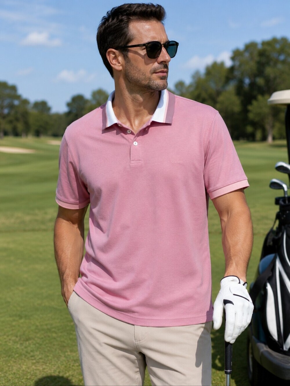 Carven Men’s Polo Shirt XL Slim Fit 100% Cotton Mauve Pink Contrast Collar